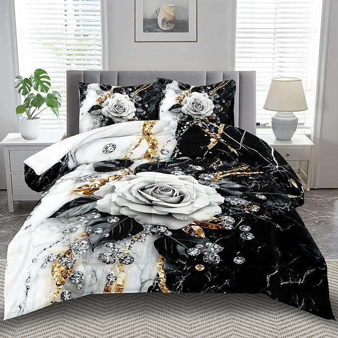 Marble Floral Comforter Set for King Bed Women,Vintage Flower Bedding Set King,White and Black Comforter Rose Quilt for Girls,Rose Bedding Floral Bedroom Decor Adults-Ruum Studio Home