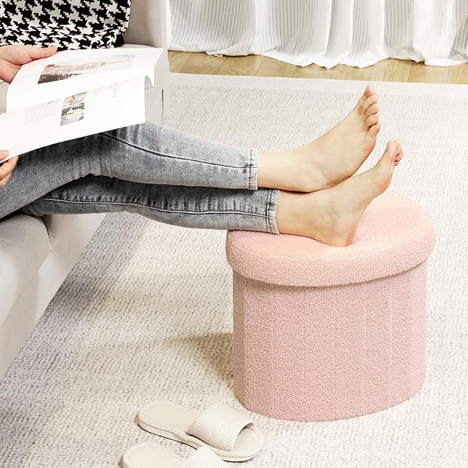 B FSOBEIIALEO Storage Ottoman Cube, Heart Shaped Ottomans with Storage Foot Stool Footrest for Lving Room, Boucle Ottoman Seat for Dorm Room,Faux Teddy Fur, Pink 15"x15"x15"-Ruum Studio Home