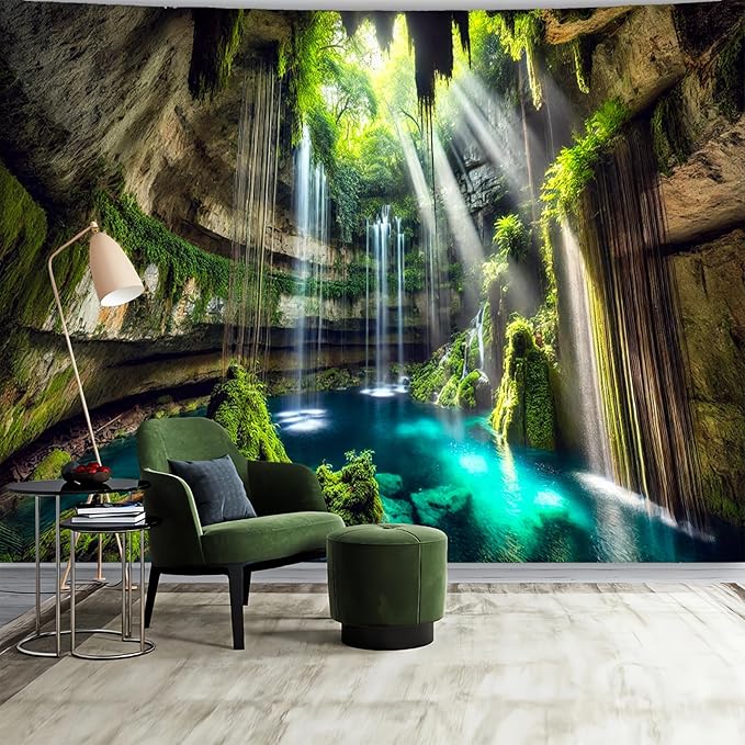 BSFHH Nature Tapestry Forest Tree Sea Cave Wall Hanging, Stream Through Rainforest Landscape Wall Art Tapestry for Bedroom Living room (Fall, 79"×59", Unframed)-Ruum Studio Home