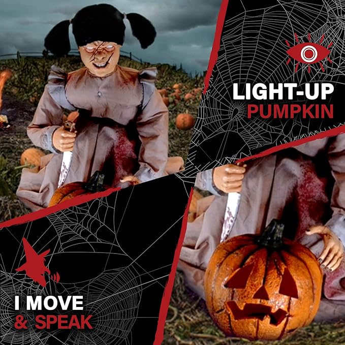 Haunted Hill Farm Lunging Pumpkin Carver Zombie Girl by Tekky, Motion-Activated Talking Halloween Animatronic for Indoor or Covered Outdoor Creepy Halloween Decorations, Plug-in or Battery Operated-Ruum Studio Home