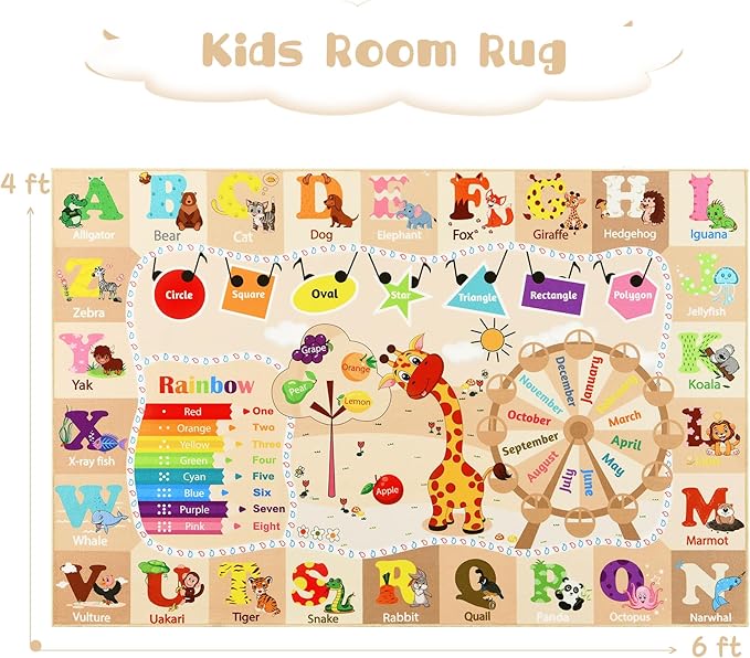 4x6 Playroom Rugs for Kids Washable, Educational and Fun Playmat with ABC Alphabet Animals Shapes Colors, Non-Slip Play Mat Learning Rugs for Baby Toddler Children Game Activity, Beige-Ruum Studio Home