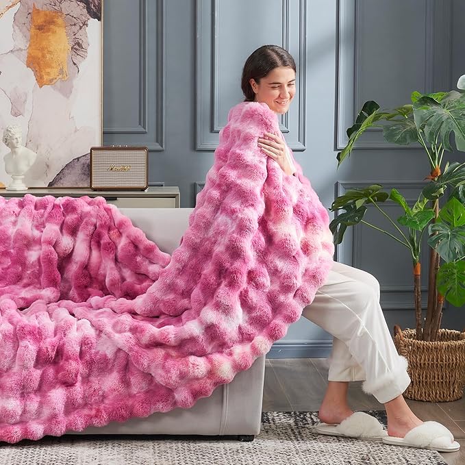 Cozy Bliss Faux Fur Throw Blanket for Couch, Fuzzy Soft Plush Thick Bubble Blanket for Sofa Bedroom Living Room, 50 * 60 Inches Tie Dye Pink-Ruum Studio Home