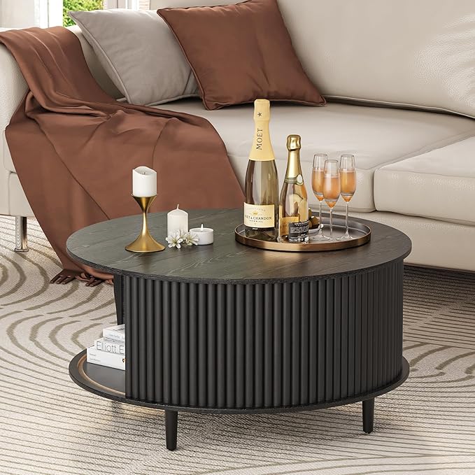 Round Coffee Table with Storage,Mid Century Modern Dining Table with Sliding Cabinet Door for Living Room,Home Small Space,31.5" Small Center Table,Black-Ruum Studio Home