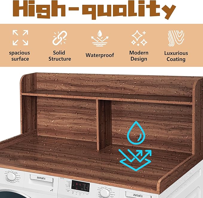 Royxen 2-Tier Washer Dryer Countertop,19.5" H Wood Washer and Dryer Topper with Shelf,Laundry Countertop Over Washer and Dryer, Universal Fit for Laundry Room Organization (Walunt, 54" WX27.5 D)-Ruum Studio Home