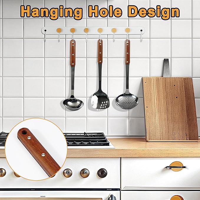 FJNATINH Stainless Steel Wok Spatula,Ladle,Skimmer Ladle Tool Set,Mirror Polished Cooking Utensils with Wooden Handle,Easy to Clean Wok Accessories,Black 3 PCS-Ruum Studio Home