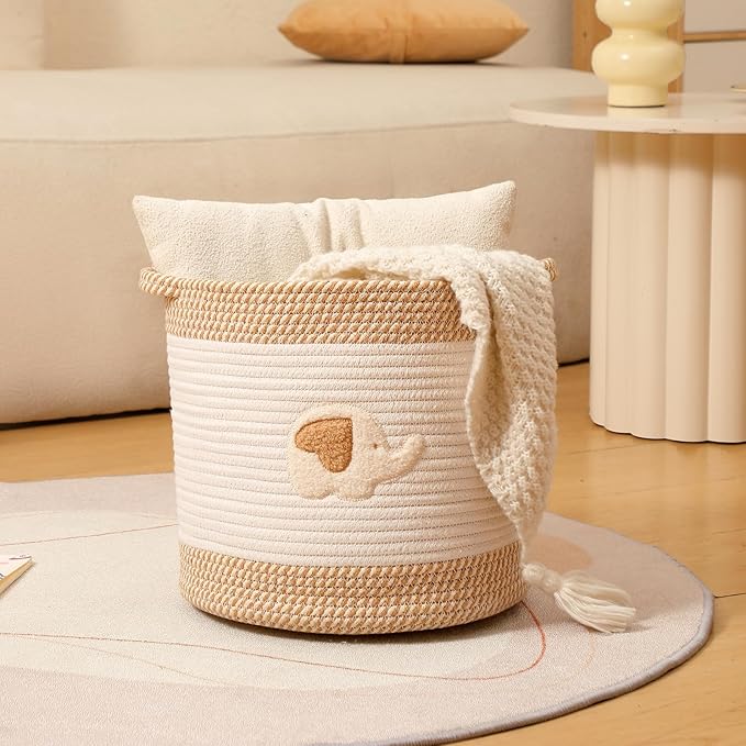 INough Toy Storage Baskets Woven Cotton Rope Storage Basket for Kids, Blanket Baskets for Living Room Toy Basket Box Toys Organizer with Embroidery Decor Cute Baskets for Nursery, Playroom (Elephant)-Ruum Studio Home