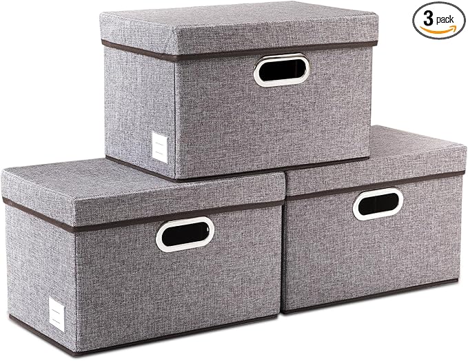 PRANDOM Foldable Storage Boxes with Lids [3-Pack] Linen Fabric Collapsible Storage Bins Organizer Containers Baskets Cube with Cover for Home Bedroom Closet Office Nursery (14.9x9.8x9.8)-Ruum Studio Home