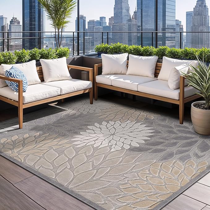 Beverly Rug Outdoor Rug 9x12 Large Modern Floral Tropical Area Rugs for Indoor and Outdoor Patio Easy to Clean Non Shedding Living Room Porch Garden Washable Outside Carpet (9 x 12 Gray)-Ruum Studio Home