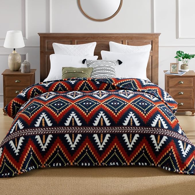 CASAAGUSTO Boho Sherpa Throw Blanket, Aztec Queen Blanket, Ultra Soft, Warm, Cozy, Plush, Thick Fleece Bohemian Throw Blanket for Couch, Bed, Sofa (Navy Blue 90 * 90 Inch)-Ruum Studio Home