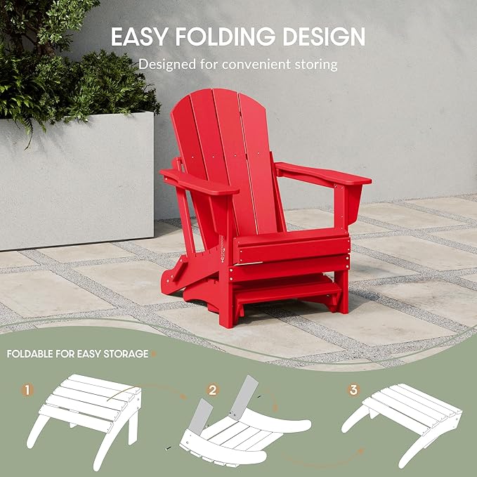 WestinTrends Outdoor Ottoman, Patio Adirondack Ottoman Foot Rest, All Weather Poly Lumber Folding Foot Stool for Adirondack Chair, Widely Used for Outside Porch Pool Lawn Backyard, Red-Ruum Studio Home