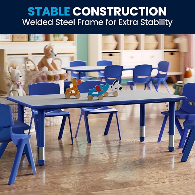 Flash Furniture Wren Adjustable Classroom Activity Table for School and Home, Plastic Activity Table for Kids, 23.625" W x 47.25" L, Gray/Blue-Ruum Studio Home