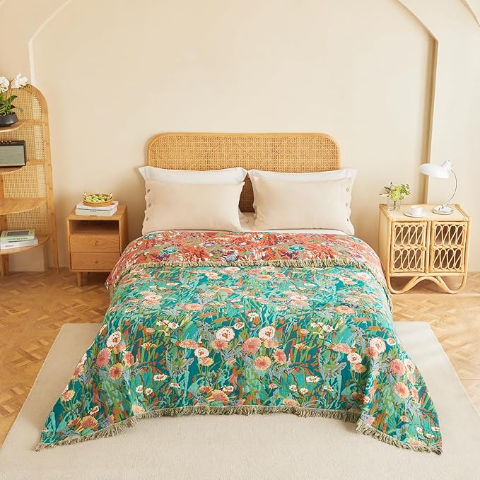 MSGKV Boho Throw Blanket for Couch Bed Chair 100% Cotton Muslin Breathable Floral Blanket 50"x60" Sofa Blankets for All Seasons Lightweight Farmhouse Blankets Boho Home Decor-Ruum Studio Home