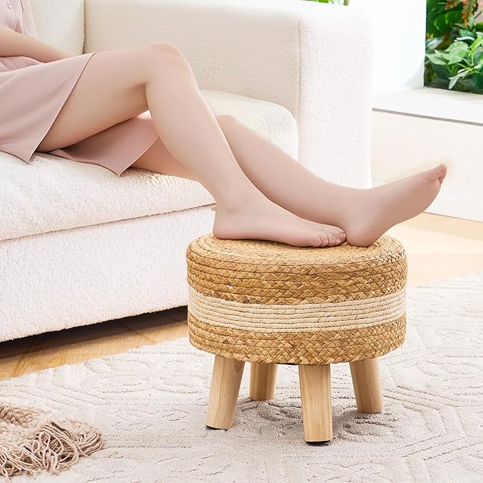 Handwoven Round Ottoman, Natural Water Hyacinth Outdoor Patio Pouf Seagrass Low Stool with Wood Legs, Soft Padded Footrest for Living Room Bedroom Garden, White-Ruum Studio Home