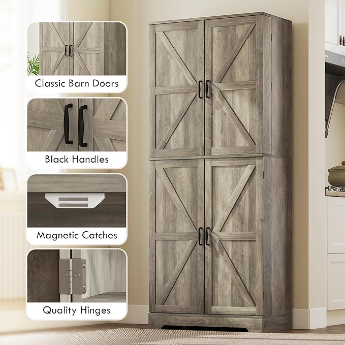 HOMCOM 72" Farmhouse Kitchen Pantry Cabinet, Freestanding Tall Storage Cabinet with 4 Barn Doors, 4 Adjustable Shelves and 8 Door Shelves, Gray Wash-Ruum Studio Home