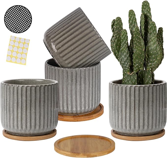 TAMAYKIM 5.25 Inch Ceramic Plant Pots with Drainage Holes and Saucers, Modern Flower Pots with Trays for Indoor Planters, Snake Plant, Succulent, Cactus and Herbs, Set of 4-Ruum Studio Home