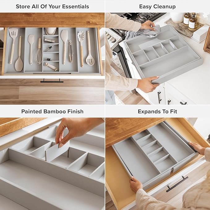 Adjustable Kitchen Drawer Organizer for Utensils and Junk, Food-Safe Contract Grade with 100% Sustainable Wood, Expandable from 19 to 33 Inches Wide - Gray Bamboo-Ruum Studio Home
