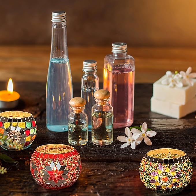SHMILMH Glass Candle Holder Set of 4, Diwali Gift Votive Candle Holders Handmade Mosaic Glass Tealight Holders Diwali Christmas Table Decorations for Home-Ruum Studio Home