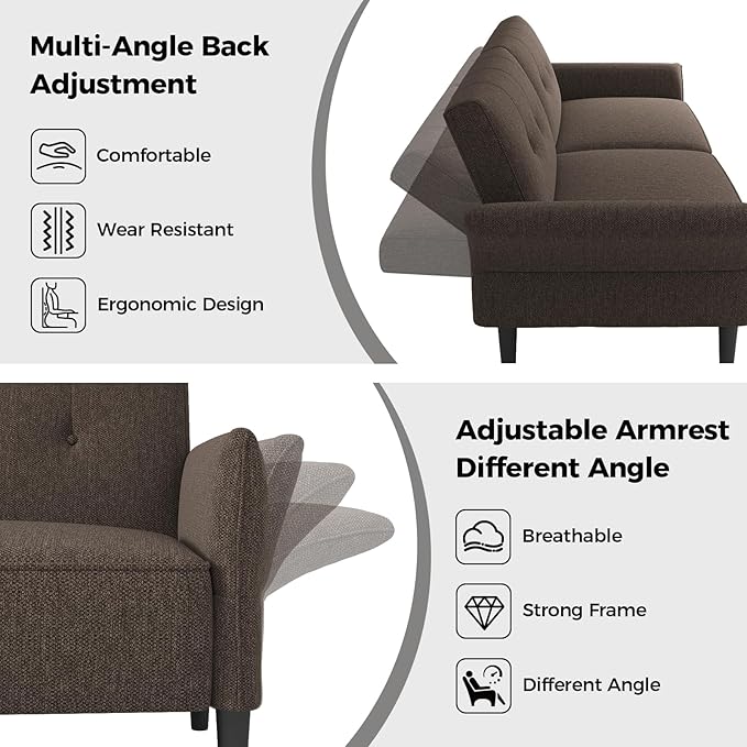 89” Futon Sofa Bed, Linen Comfy Futon Couch Bed with 2 Square Pillows, Convertible Sleeper Sofa with Adjustable Backrest& Armrests, Modern Loveseat Sleeper for Living Room, Bedroom, Brown-Ruum Studio Home