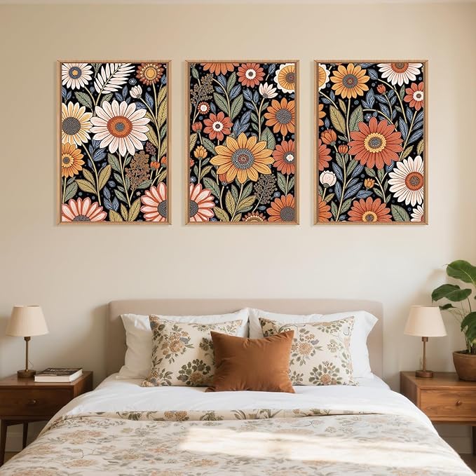 LHIUEM Large Abstract Boho Flower Framed Canvas Wall Art Set,Vintage Colorful Floral Wall Decor,Retro Wildfower Plant Painting,Botanical Artwork for Living Room,Bedroom,Dining Room,Office -16"x24"x3-Ruum Studio Home