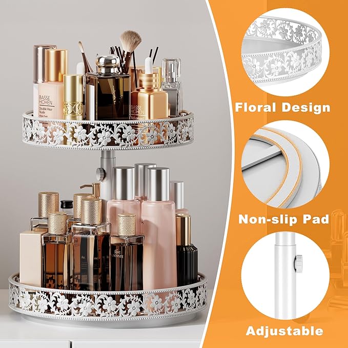 2 Tier Lazy Susan Organizer Turntable Adjustable,12 Inch Two Tier Lazy Susan Metal Easy Assembly Cleaning, Rotating Spice Rack Organizer for Cabinet Dining Table Kitchen Countertop White-Ruum Studio Home