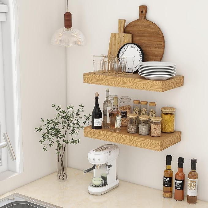 Deep Floating Shelves, 12 Inch Deep Rustic Floating Shelves Set of 2, 24 Inch Large Oak Wood Wall Mounted Shelves for Books Living Room Laundry Room Bedroom Kitchen Home Office - Oak-Ruum Studio Home