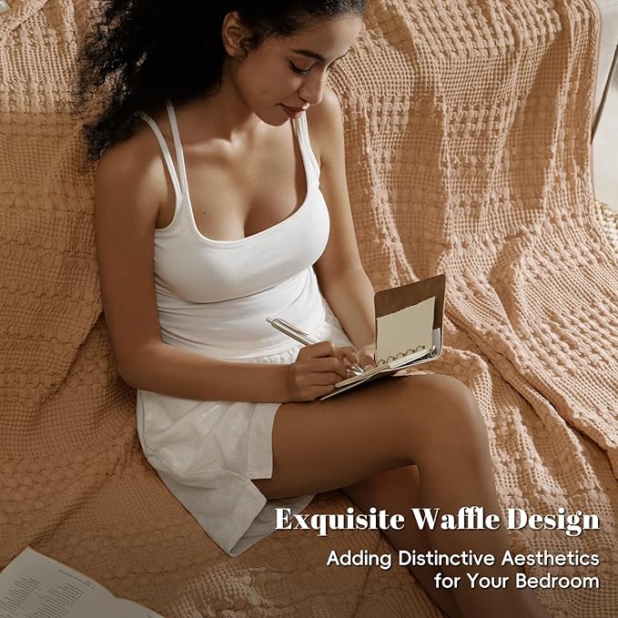 PHF 100% Cotton Waffle Weave Blanket Twin Size, Soft Lightweight Breathable Cozy Summer Blankets for Bed, Luxury Aesthetic Woven Bedding for Home Decor, 66"x90", Camel-Ruum Studio Home
