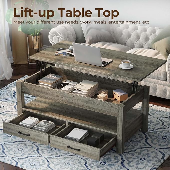 Rolanstar Coffee Table, 47.2" Lift Top Coffee Table with Drawers and Hidden Compartment, Retro Central Table with Wooden Lift Tabletop, for Living Room, Washed Oak-Ruum Studio Home