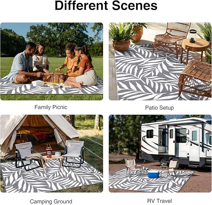 OLANLY Waterproof Outdoor Rug 9x12 ft, Reversible Outdoor Plastic Straw Rug with Leaf Pattern, RV Mat, Indoor Outdoor Carpet for Patio, Camping, Balcony, Deck, Backyard, Grey & White-Ruum Studio Home