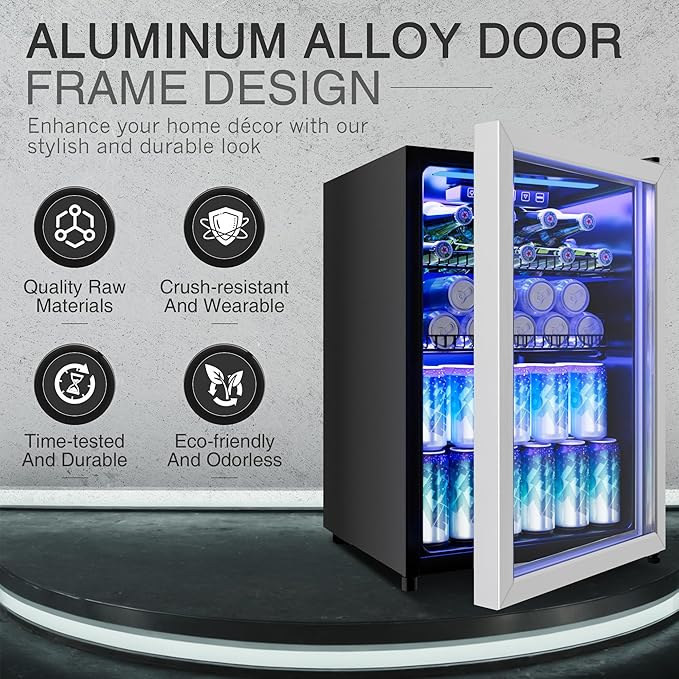 2.5 Cu.Ft Beverage Fridge, Mini Fridge With Glass Door, Beverage Cooler Refrigerator, Wine Drink Beer Cooler, Adjustable Shelves & Digital Temperature Display, 22 Bottle 95 Can-Ruum Studio Home