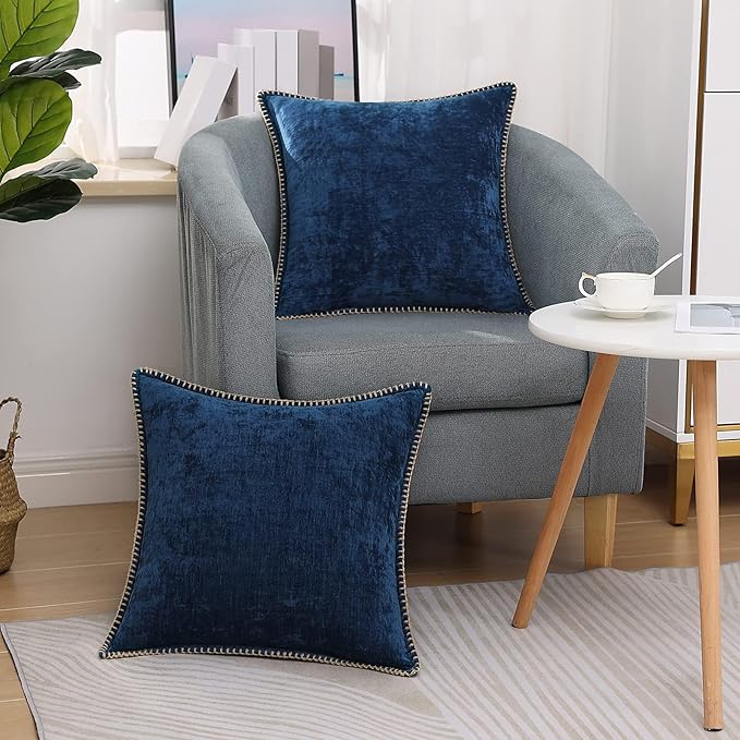 decorUhome Chenille Soft Throw Pillow Covers 22x22 Set of 2, Farmhouse Velvet Neutral Decorative Euro Pillow Covers with Stitched Edge for Couch Sofa Bed Home Decor, Poseidon-Ruum Studio Home