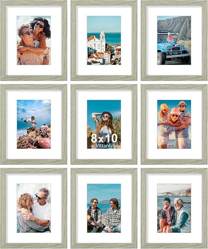 Vittanly 8x10 Picture Frames Set of 9, Shatter Resistant Plexiglass, Display 5x7 Pictures with Mat or 8x10 without Mat, Photo Frames for Wall or Tabletop, Engineered Wood, Driftwood-Ruum Studio Home