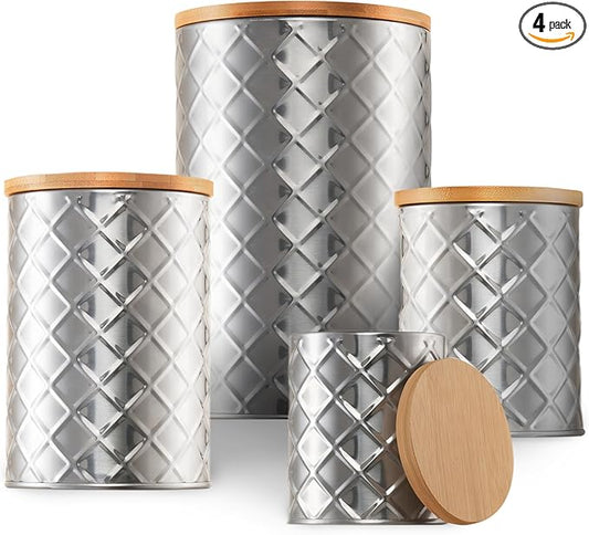 Pebble & Stem® Silver Stainless Steel Canister Set for Kitchen Counter, Food-Grade Canister Set of 4, Airtight Lids, Sugar and Flour Containers for Countertop, Coffee and Tea Storage, Farmhouse Decor-Ruum Studio Home