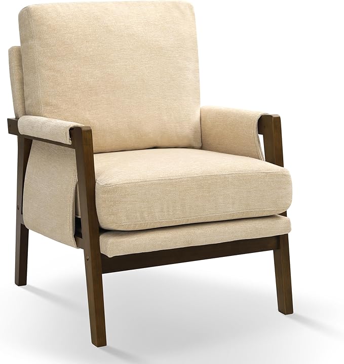 Modern Accent Chair for Living Room Mid Century Arm Chair Upholstered Bedroom Chair Comfy Lounge Chair with Solid Wood Frame, Beige-Ruum Studio Home