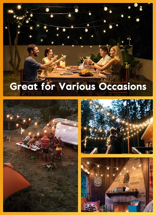 LED G40 Outdoor String Lights Patio Lights 100FT with 104 LED Shatterproof Bulbs, Weatherproof Commercial Hanging Lights for Backyard Bistro Pergola Party Decor, E12 Socket Base, 2200K, Black-Ruum Studio Home