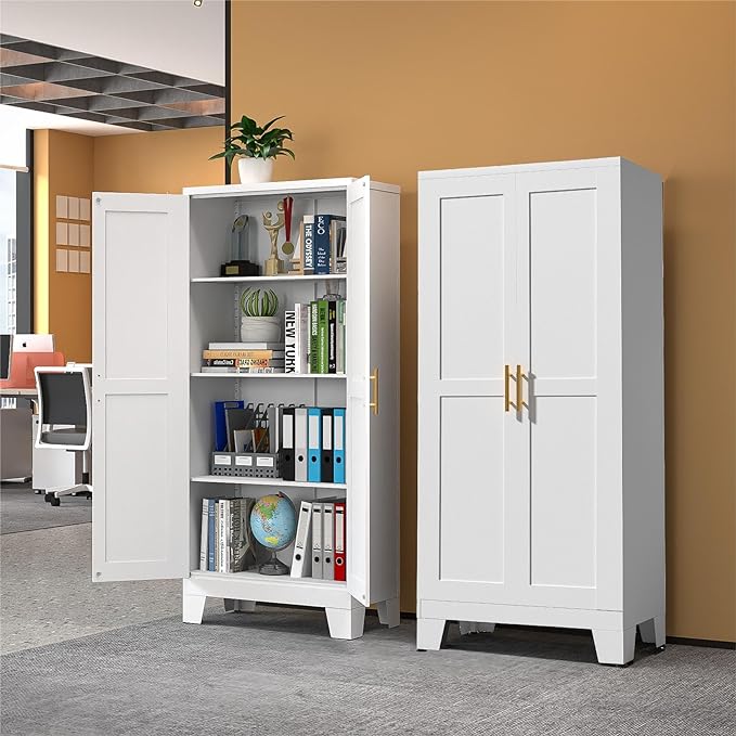 White Metal Storage Cabinet, 61" Steel Cabinets for Home Office, Kitchen Pantry Storage Cabinet with Doors and 3 Adjustable Shelves, Tool Cabinet, for Office, Home, Garage, School-Ruum Studio Home
