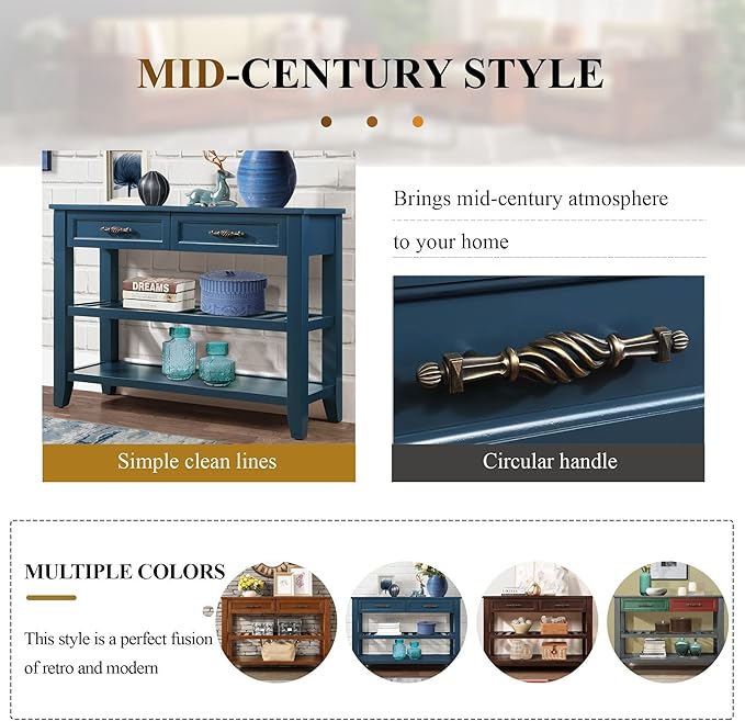 Solid Wood Console Table Entryway Table with Storage Drawers and Shelves Sofa Table for Entry Hallway Foyer(42" Navy Blue)-Ruum Studio Home