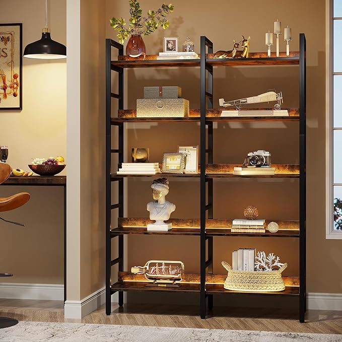 Tribesigns 5-Tier Industrial Bookshelf, 71”H x 47”W Etagere Bookcase, Freestanding Double Wide Book Shelf for Storage and Display, Wood and Metal Bookshelves for Living Room Home Office, Rustic Brown-Ruum Studio Home