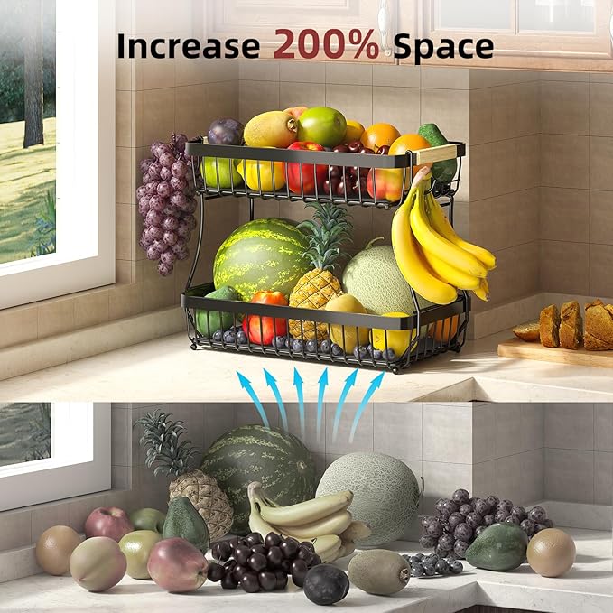 3 Tier Fruit Basket for Kitchen Counter with 2 Mobile Banana Hangers, 2025 Pro Detachable Metal Fruit Bowl with Wooden Handle, Fruit Holder for Bread Snack Veggies with Protective Mats-Ruum Studio Home