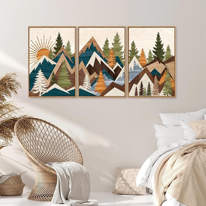 Tinonedraw Large Metal Mountain Framed Canvas Wall Art, Boho Rustic Sunrise Forest Wall Decor, 3 Piece Modern Nature Artwork, Vintage Wilderness Art Print for Living Room Bedroom Office 24"x36"x3-Ruum Studio Home