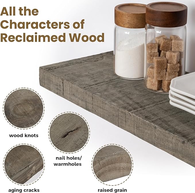Floating Shelves, 8 Inch Deep Rustic Solid Reclaimed Wood Wall Shelves for Storage, Wall Mounted Display Shelving with Invisible Heavy-Duty Metal Bracket, 24 Inch Width Set of 2, Cement Grey-Ruum Studio Home
