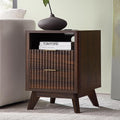 T4TREAM Fluted Nightstand with Charging Station, 18" Modern Side Table, 2 Drawers End Table with Storage, Bedside Table for Bedroom, Living Room, Curved Profile Design, Dark Walnut-Ruum Studio Home