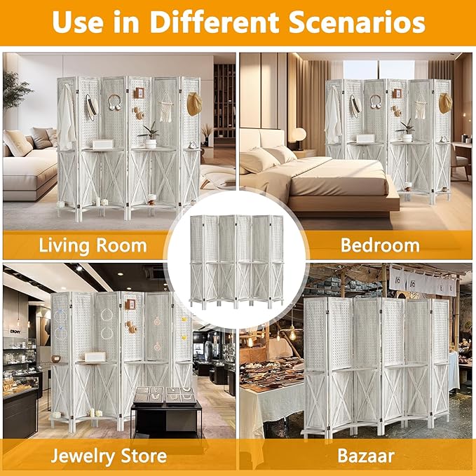 6 Panel Pegboard Display with 24 Hooks, Wooden Pegboard Room Divider Wall with Shelf, Rustic Room Dividers and Folding Privacy Screens, Bedroom, Jewelry Store, White-Ruum Studio Home