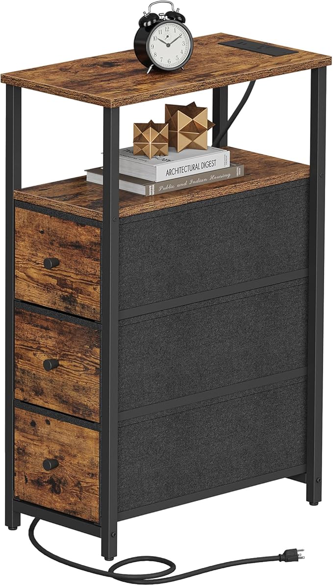 TUTOTAK Narrow Night Stand with Charging Station, Slim End Table with Plugins, Tall Side Table with 3 Fabric Drawer, Small Bedside Table with Storage, Living Room, Bedroom, Brown TB01BB086-Ruum Studio Home
