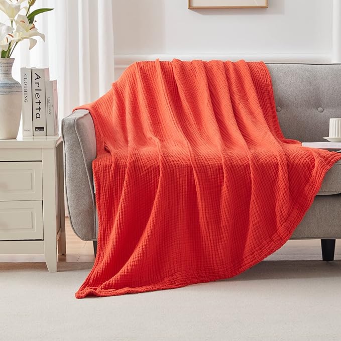 EMME Cotton Blanket Queen Size for Bed Soft Large Muslin Bed Blankets 90"x90" Lightweight Breathable All Season Gauze Blanket, Orange Rust-Ruum Studio Home