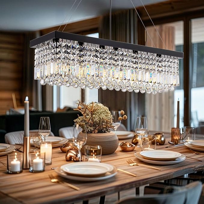 Rectangle K9 Crystal Chandelier,Rectangular Contemporary Pendant Light Fixture,Black Modern Crystal Chandeliers for Dining Room Kitchen Island L31.5''xW10''xH10''-Ruum Studio Home