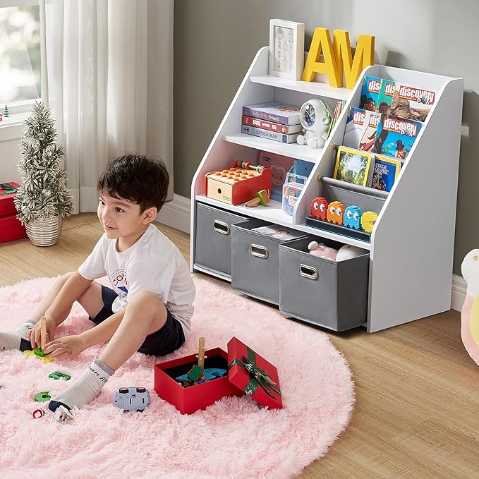 Kids Bookshelf, Kids Toy Storage Organizer with Storage Bins, Wooden Bookshelf and Book Display Shelf for Bedroom, Playroom, Nursery, Classroom, White-Ruum Studio Home