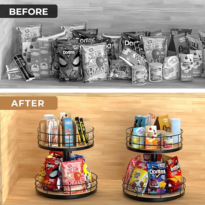 Snack Organizer - Versatile Snack Storage 2 Tier Lazy Susan with Convenient Grab-and-Go Design, Wood and Metal Snack Holder for Home, Office, Breakroom, 12.13" L x 12.13" W x 12.56" H-Ruum Studio Home
