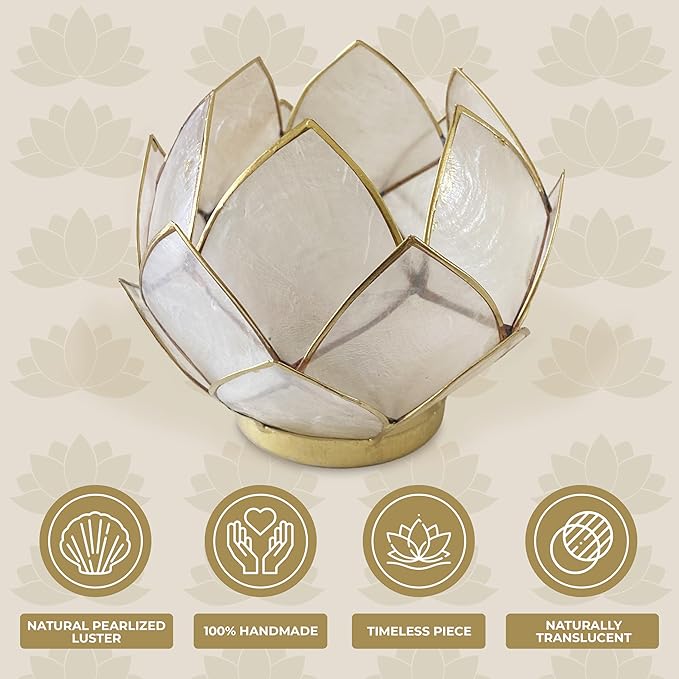Blooming Lotus Capiz Shell Tealight Candle Holder, Handcrafted Decorative Tea Light Candleholder with Translucent Flower Petals for Ambient Illumination and Natural Elegance, Natural-Ruum Studio Home
