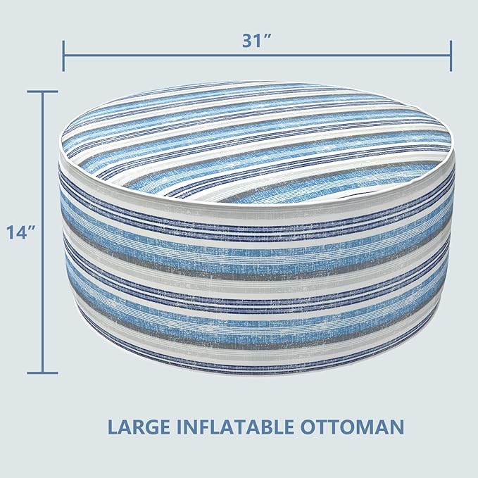 LVTXIII Outdoor Inflatable Ottoman, Fade-Resistant Round Footrest Stool D31”x H14”, Portable Patio Pouf for Garden Camping or Home Use, Stripe Layered Blue-Ruum Studio Home