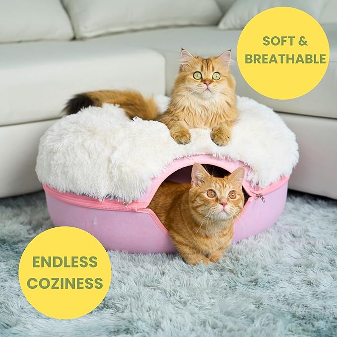 CATTASAURUS Peekaboo Cat Cave for Multiple & Large Cats Up to 30-45 Lbs, Fluffy Cat Beds for Indoor Cats, Scratch Detachable & Washable Tunnel Bed, Comfy Donut Cat Cave (Pink, Large (Calming))-Ruum Studio Home